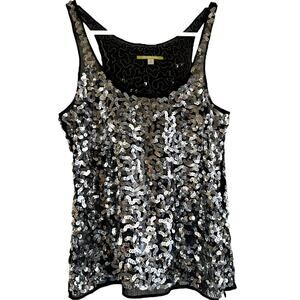 Gianni Bini Sequin Tank Top Scoop Neck Racerback Party Disco Rave Silver 2